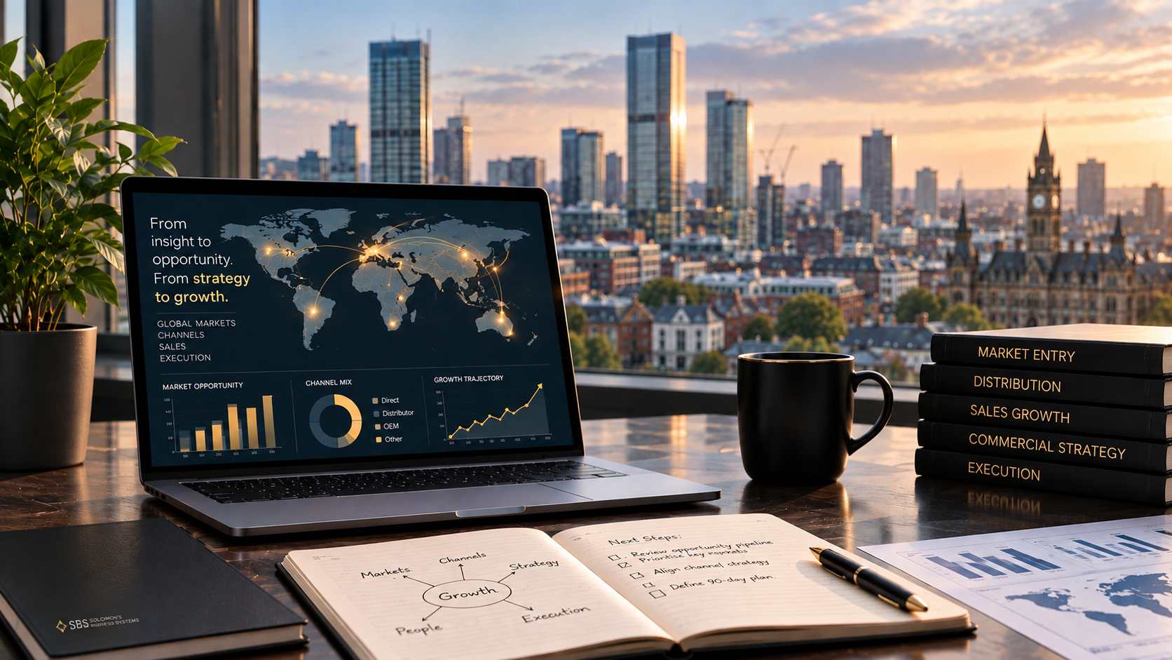 International commercial strategy, market-entry and channel-development workspace overlooking Manchester