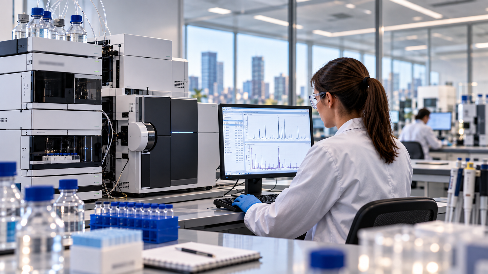 Scientist working with chromatography instrumentation in a modern laboratory